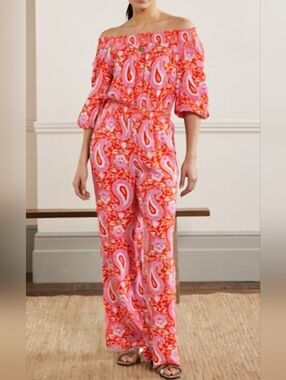 Boden Off Shoulder Paisley Print Jumpsuit Papaya SZ 8 Wide Leg Stretch